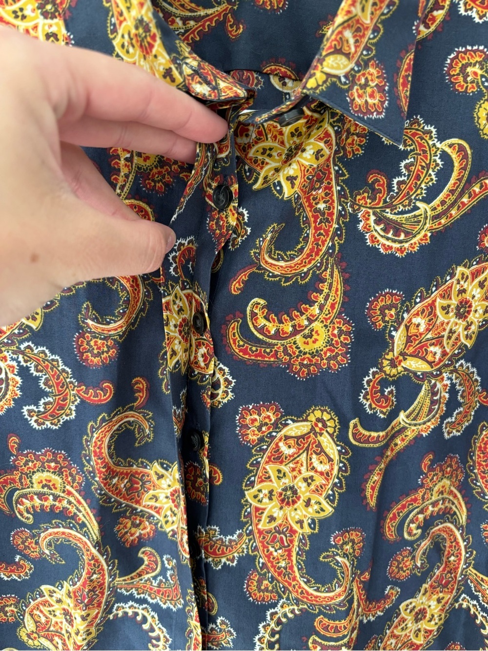 Lands' End Supima Cotton Button-Down Shirt Navy Orange Yellow Paisley Western - Picture 4 of 8